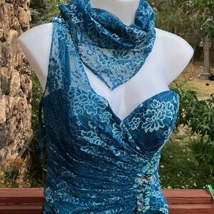 Modern Maids bridesmaid gown with jeweled hip brooch one shoulder lace size 10